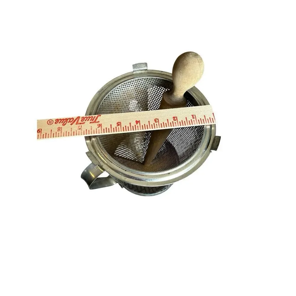 Antique Cone Sieve Food Mill Strainer on Tripod w Wood Pestle Masher some rust
